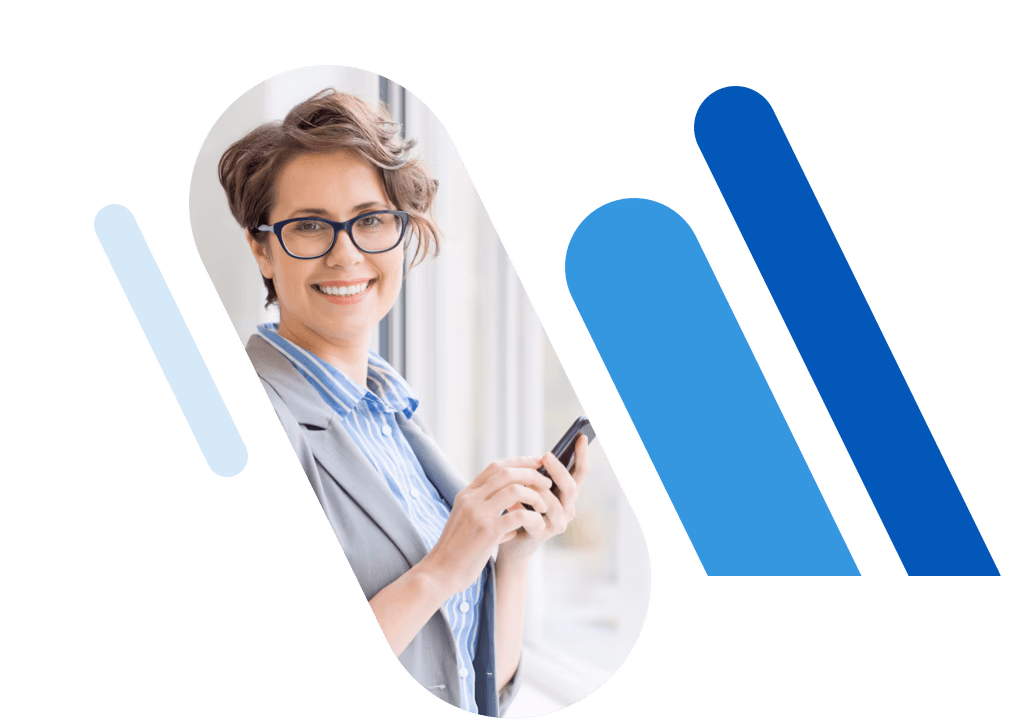 Woman smiling and holding her smartphone