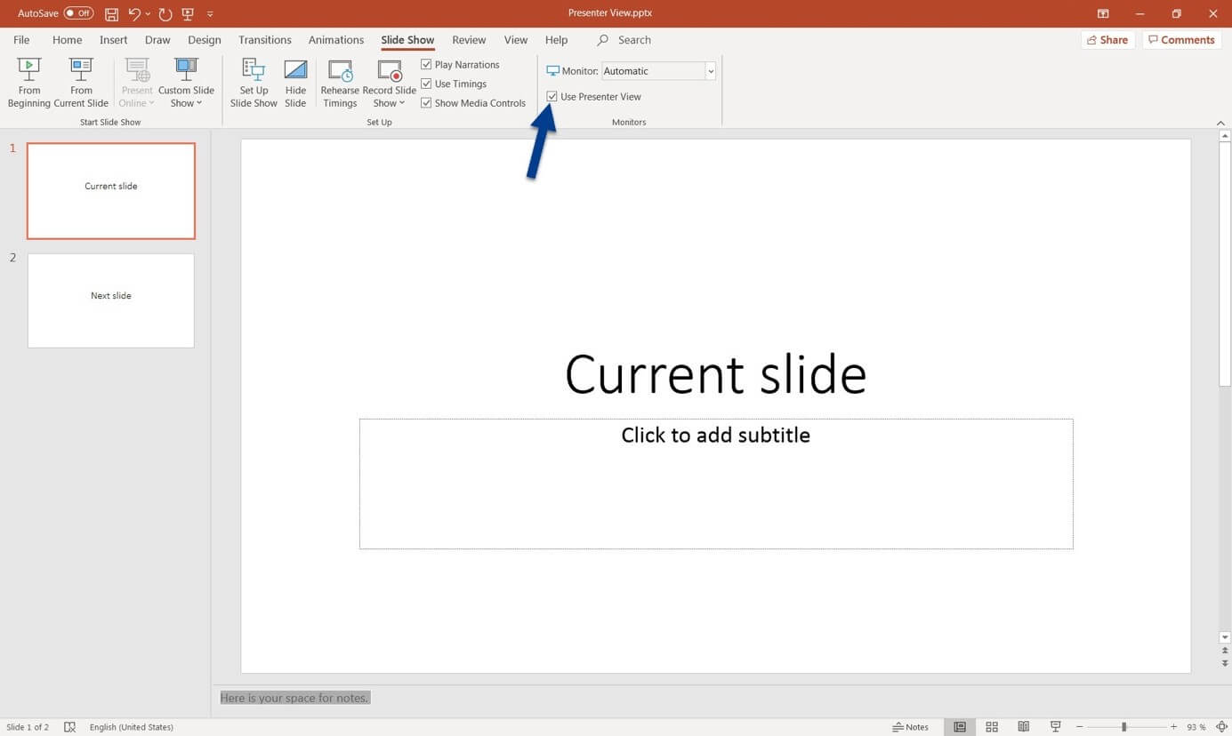 how to display the presentation in presenter view