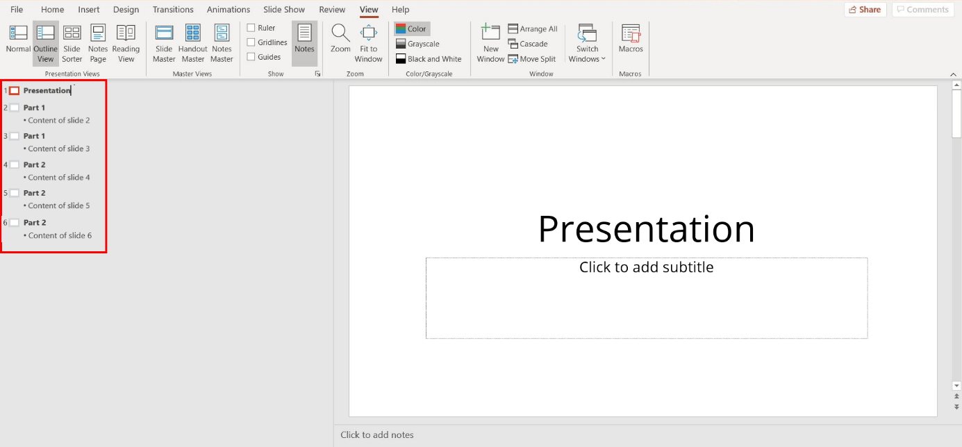 how to view presentation outline
