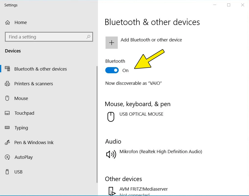 Screenshot Windows 10: Toggle ‘On’ in the system setting for Bluetooth devices