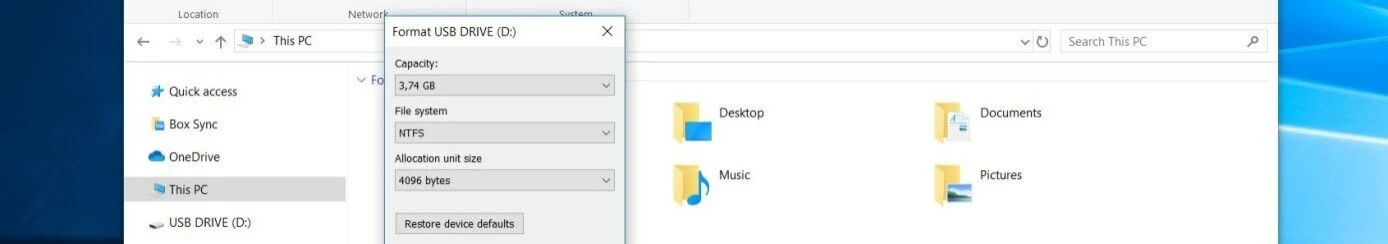Windows 10: “Format USB Drive” dialogue