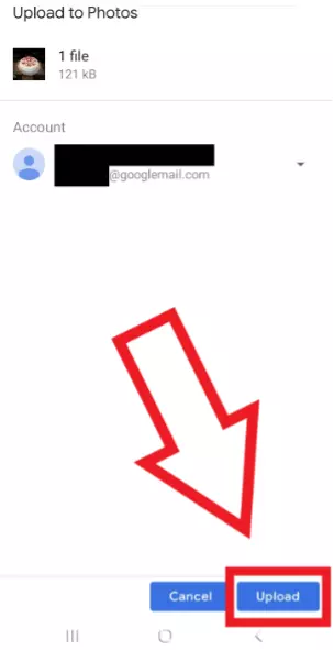 Android screenshot of ‘Upload’ option in ‘Upload to photos’