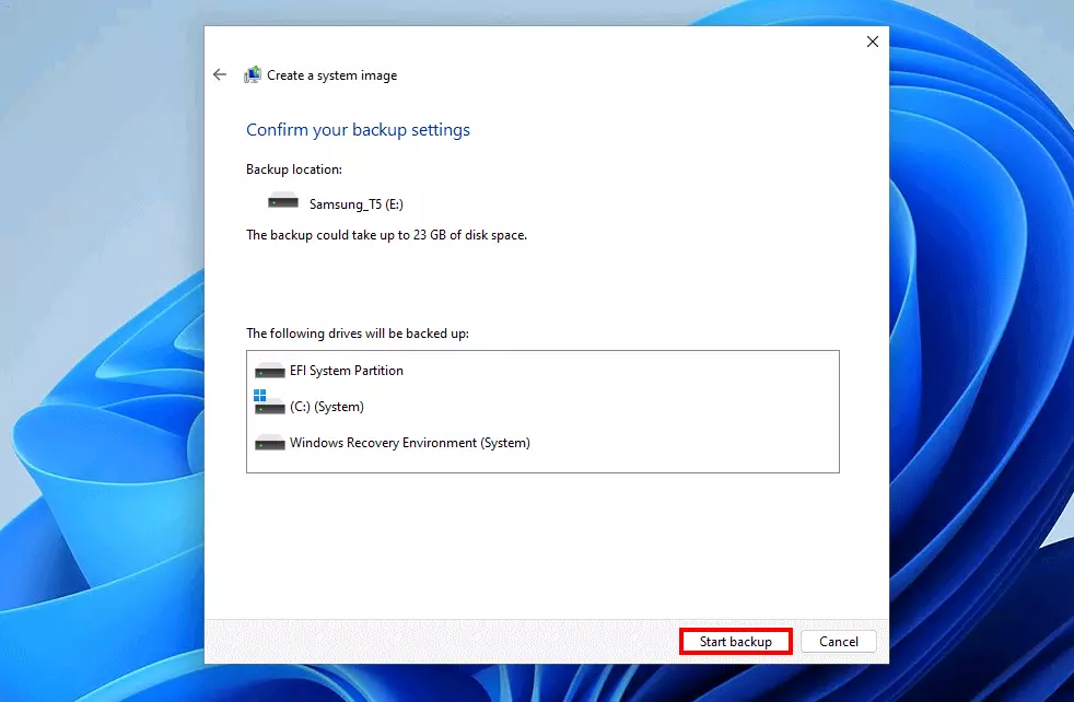 Windows 11 backup: Confirmation dialogue box