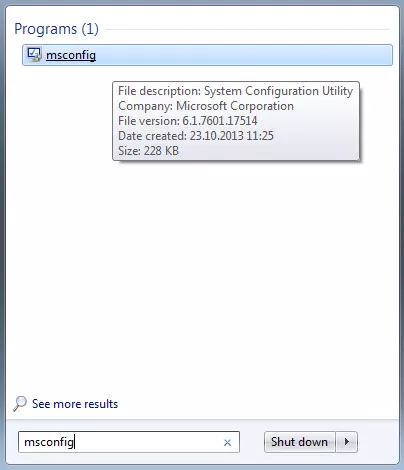 View of the search for the system configuration program msconfig