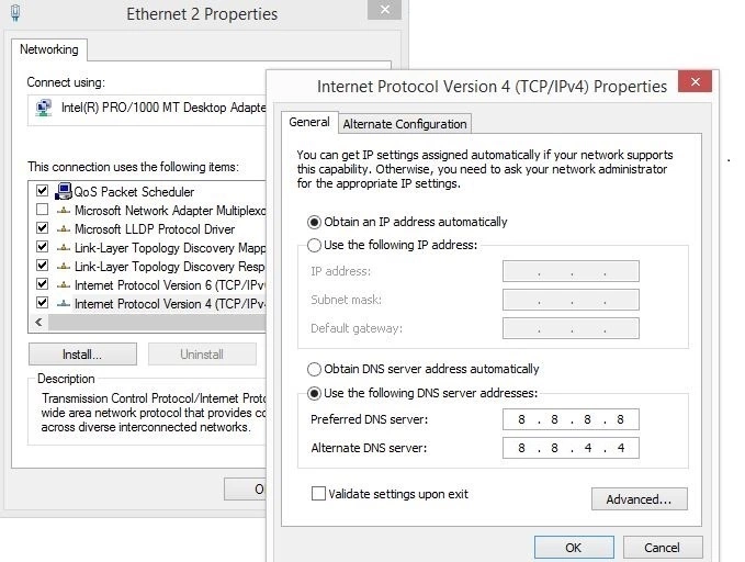 Windows 8: LAN connection and IPv4 properties