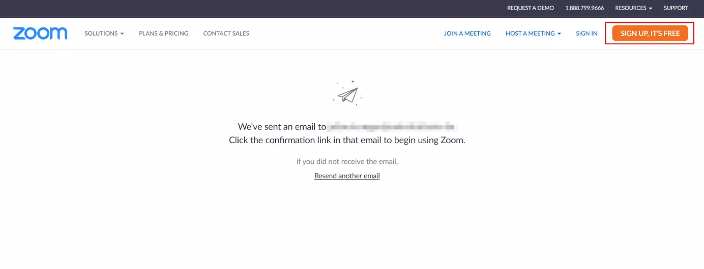 Zoom website: ‘Confirmation email sent’ message