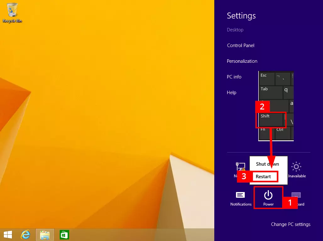 Starting safe mode in the Charms bar of Windows 8