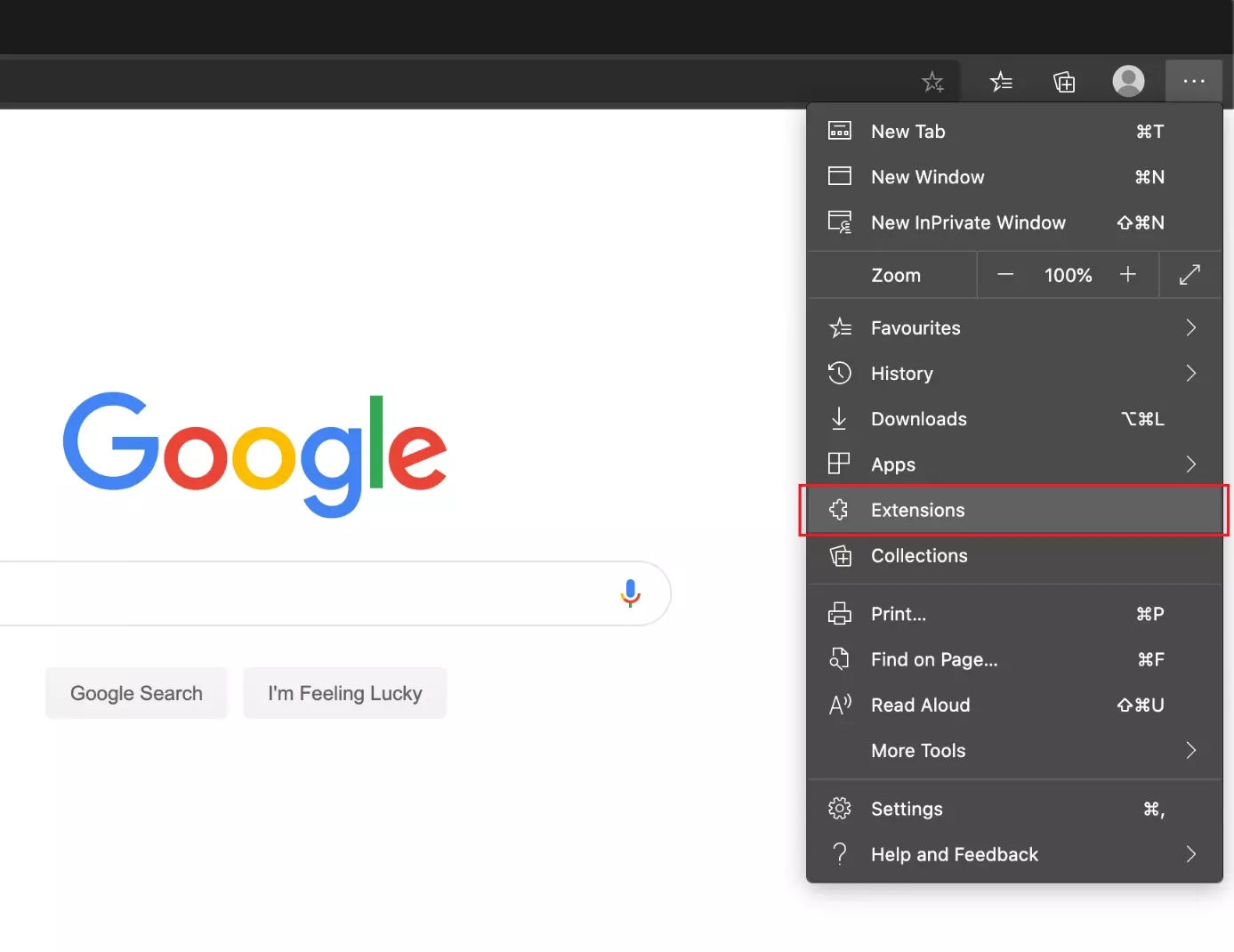 You can find the ‘Extensions’ menu in the top-right corner of the Edge browser