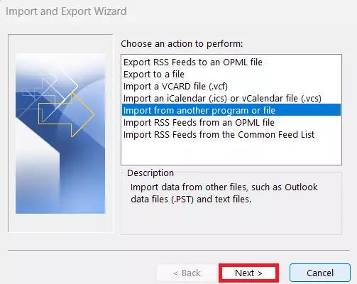 Outlook Import and Export Wizard: ‘Import from another program or file’ action