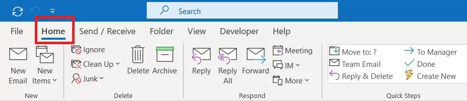 ‘Home’ in Outlook menu bar