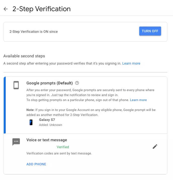 Google Account, ‘2-step verification’ overview