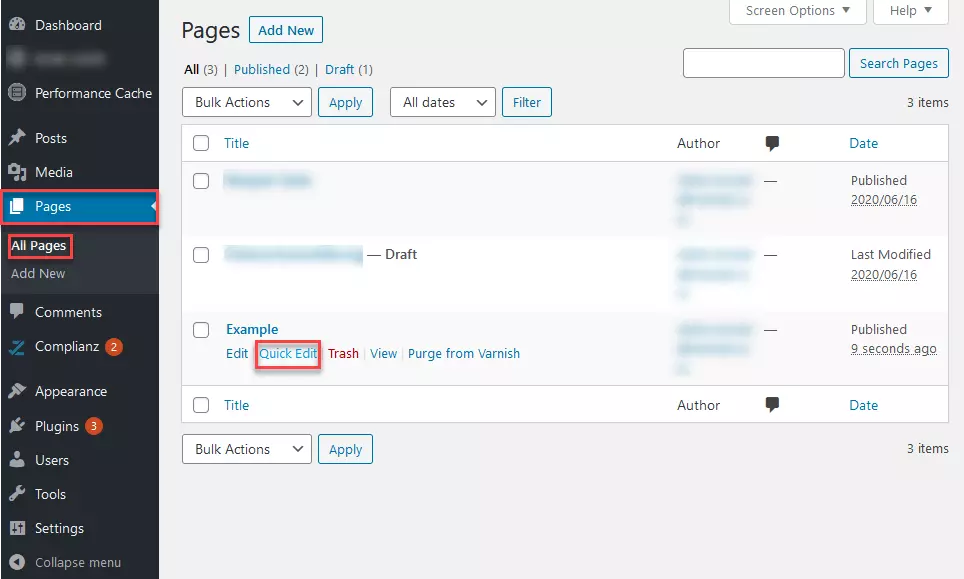 “All Pages” screen in the WordPress backend with the “Quick Edit” button outlined in red