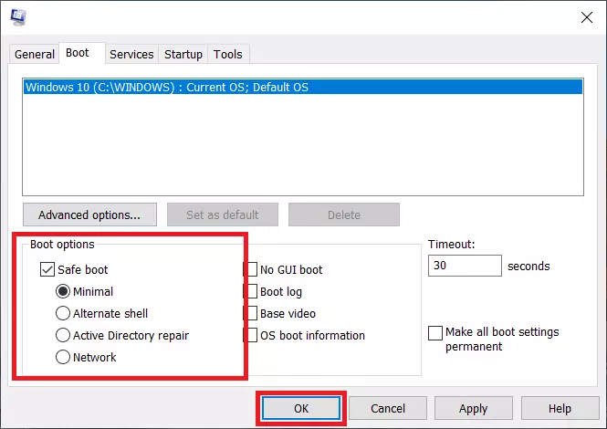 System configuration screenshot – start options – safe start