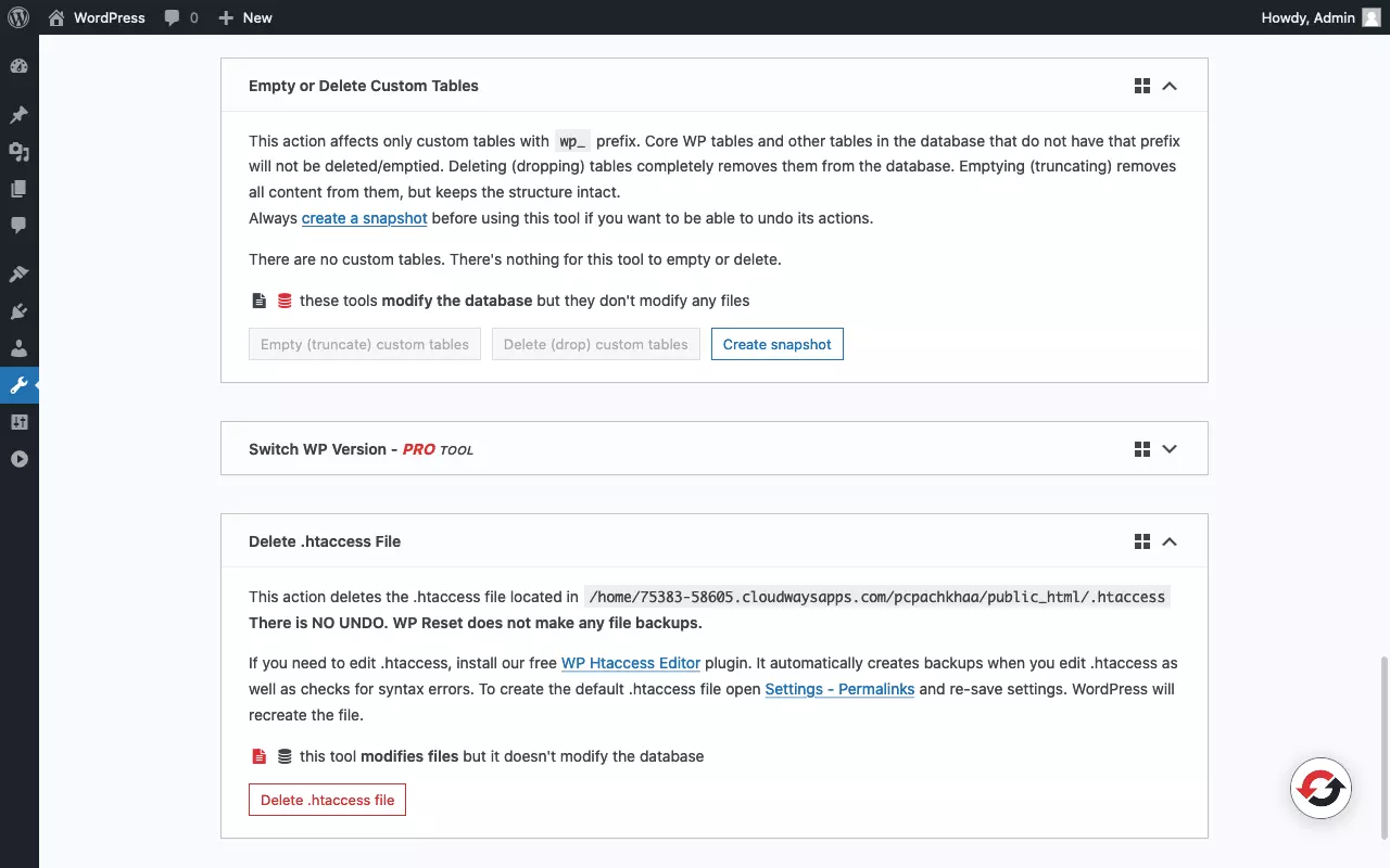 Screenshot of the tools page of the 'WP Reset' plugin (3/3)