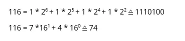 Binary and hexadecimal presentation of ‘t’