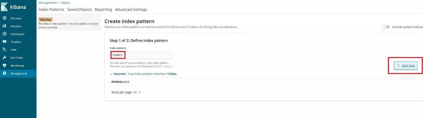 Kibana interface: menu for creating the index pattern