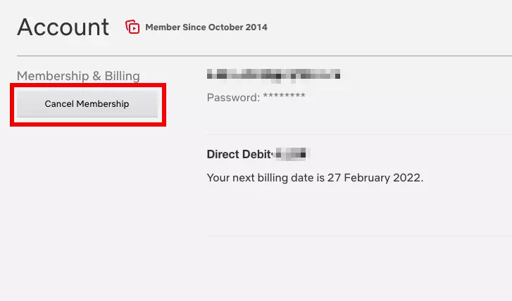 Netflix ‘Account’ page, with ‘Cancel Membership’ option