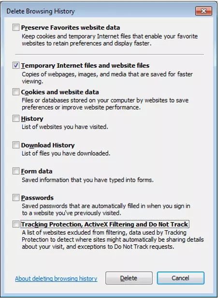 “Delete browsing history” window on Internet Explorer.