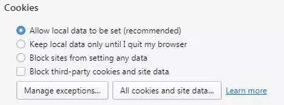 Opera: cookie settings