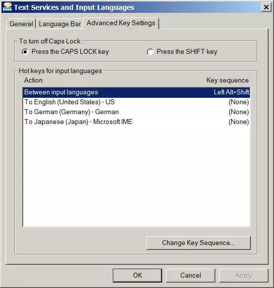 Advanced Key Settings in the Text Services and Input Languages menu