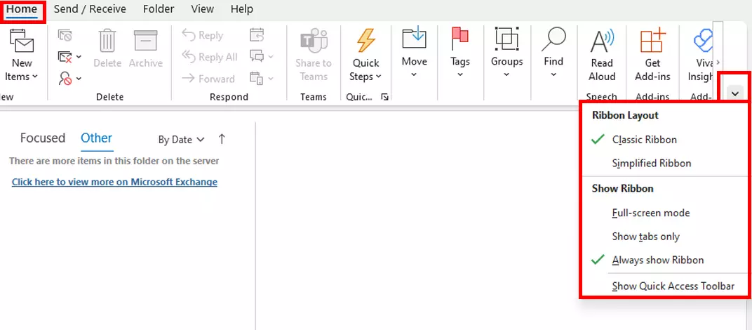 The arrow icon in the Outlook account ribbon