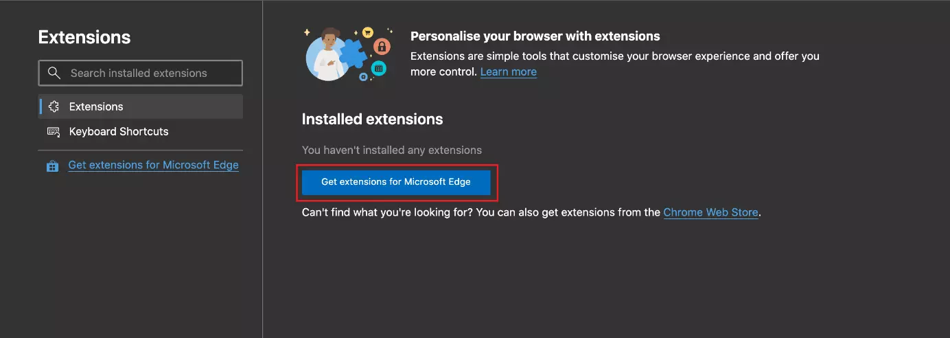 Access the add-ons store by selecting ‘Get extensions for Microsoft Edge’