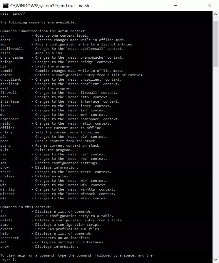 Commands in the “LAN” Netsh context