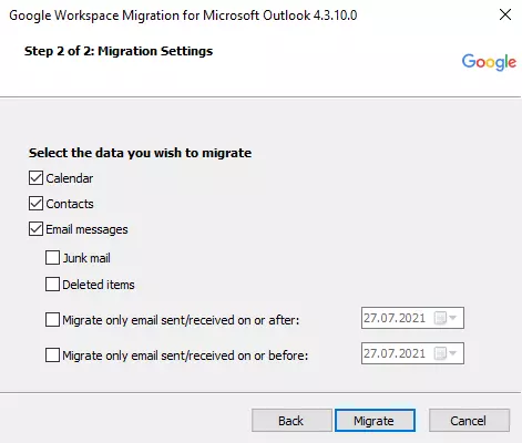 Google Workspace Migration for Microsoft Outlook: select files to be migrated