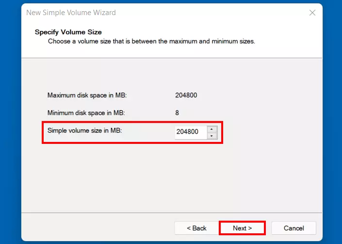 Windows 11: Set volume size