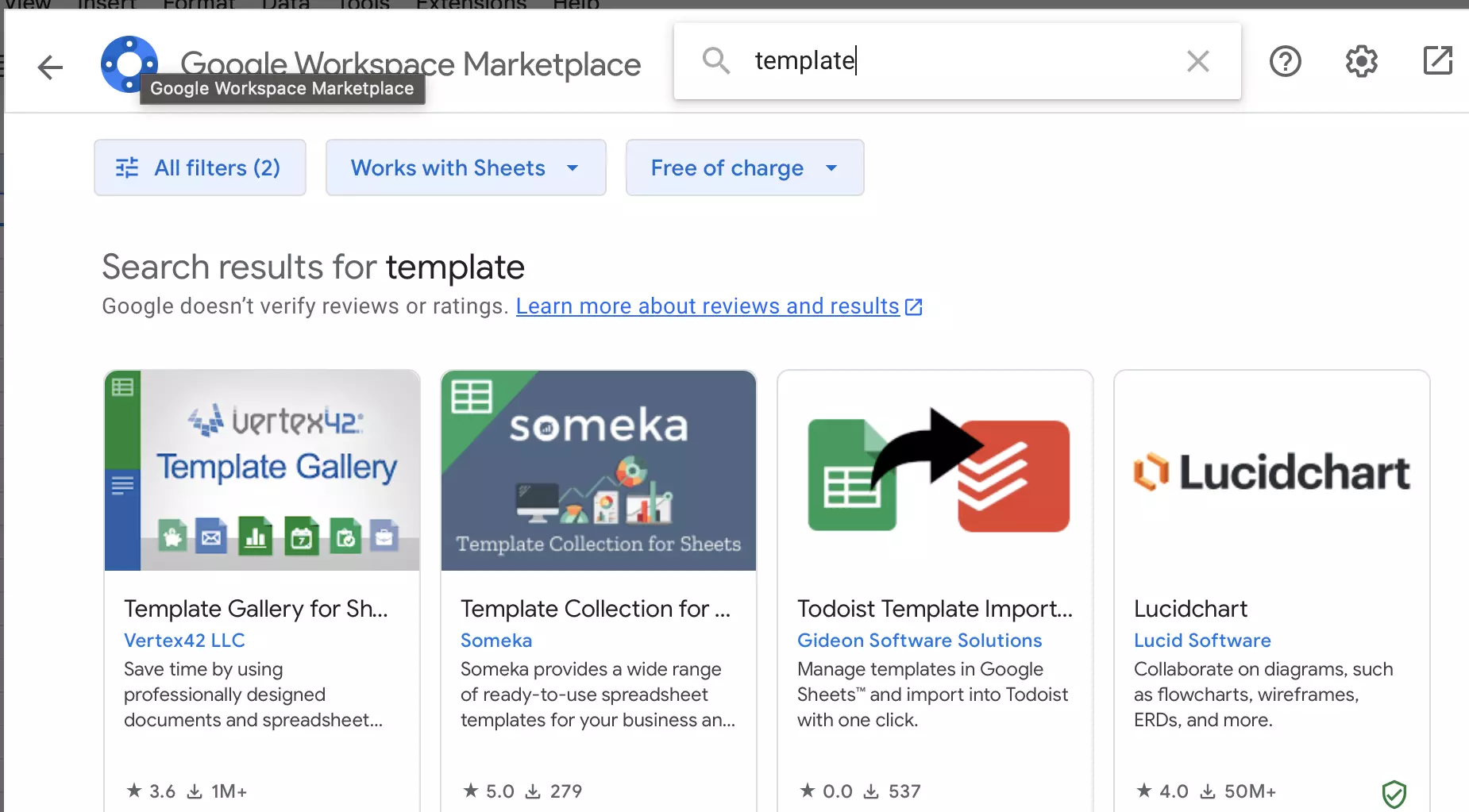 Screenshot of the add-ons for templates in Google Sheets