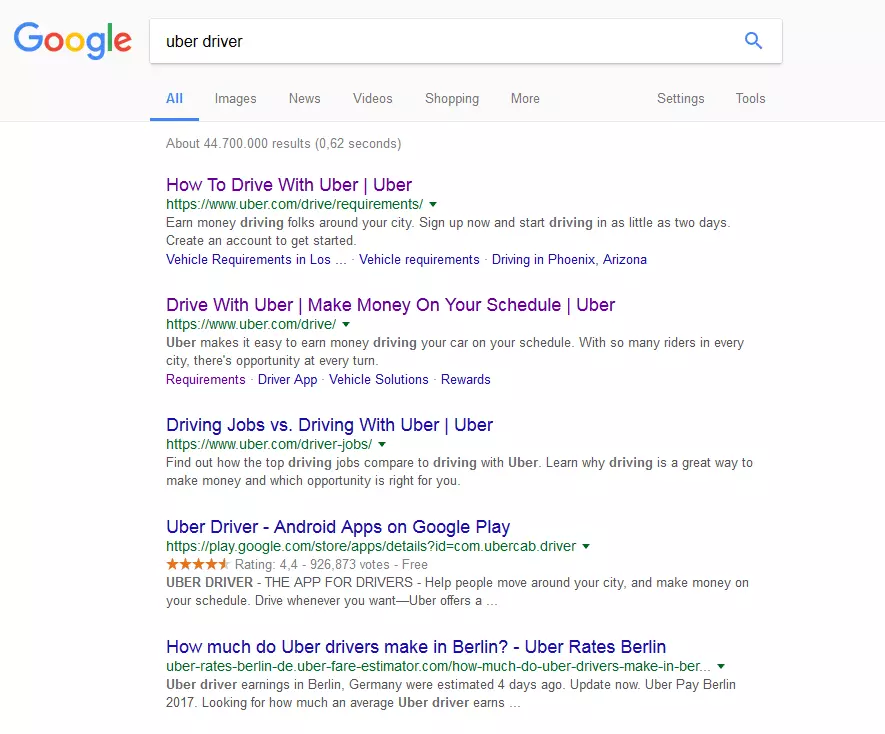 Google SERP for uber driver