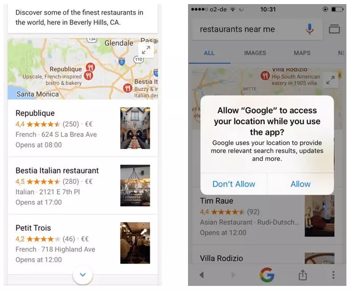 Location displays for LA restaurants on the Google app