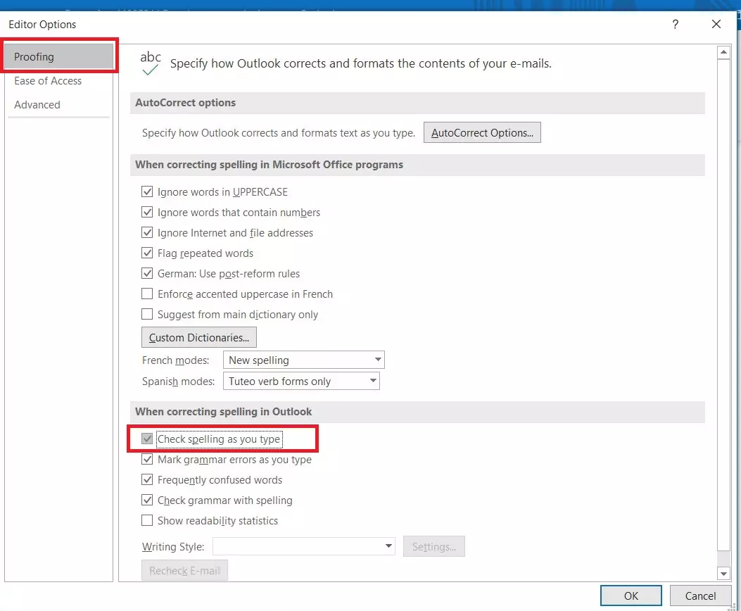 Outlook Editor options: ‘Proofing’