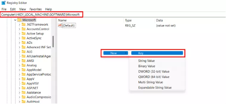 Registry Editor: Create new key