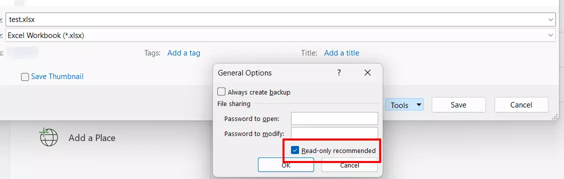 Excel file: ‘Read-only recommended’ option