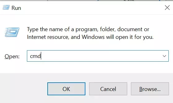 The Run dialogue box with the command prompt “cmd”