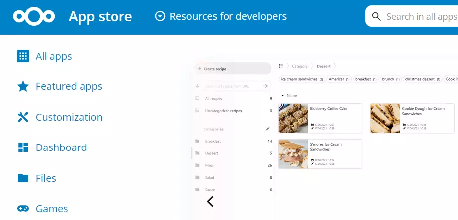 Screenshot of the Cookbook app in the Nextcloud app store