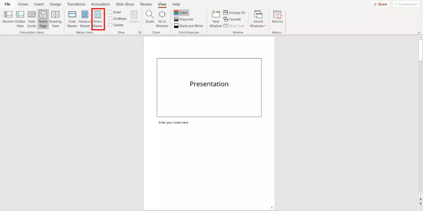 PowerPoint: opening Notes Master