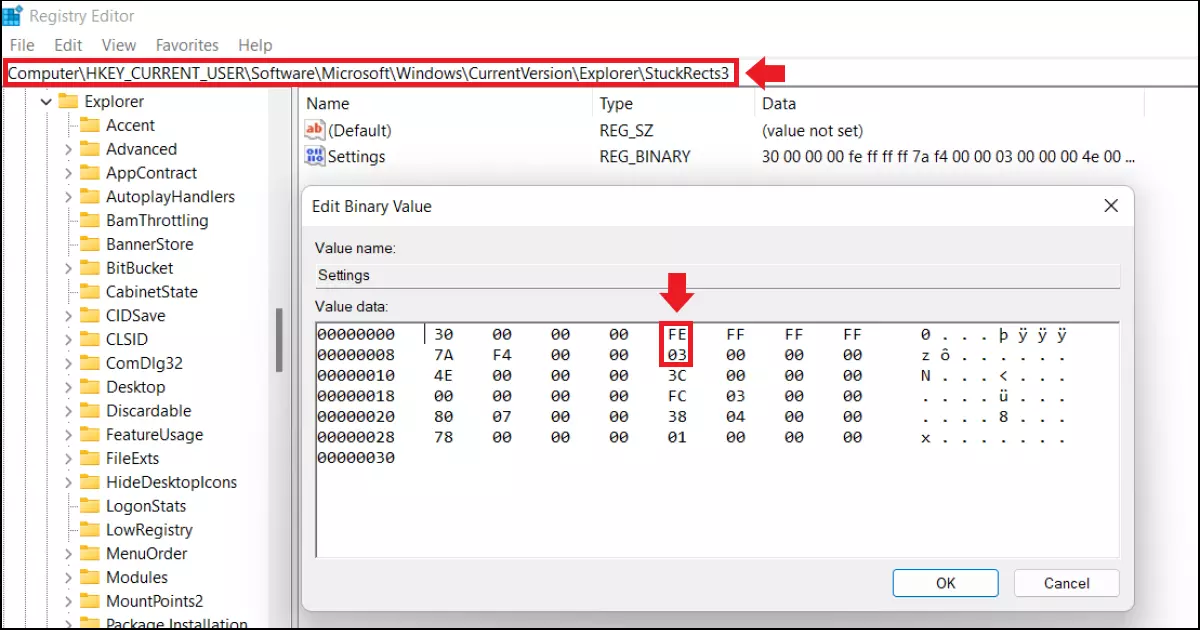 The registry submenu ‘Settings’ for the position of the taskbar