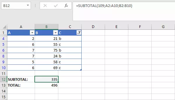 Example showing totals calculated in Excel with SUBTOTAL