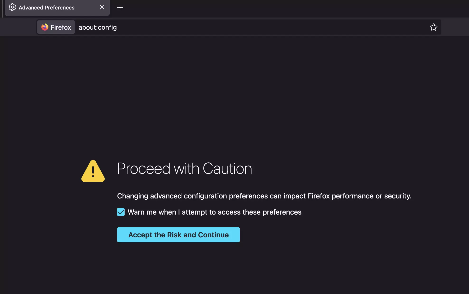 Screenshot of the warning page that appears when running the command about:config