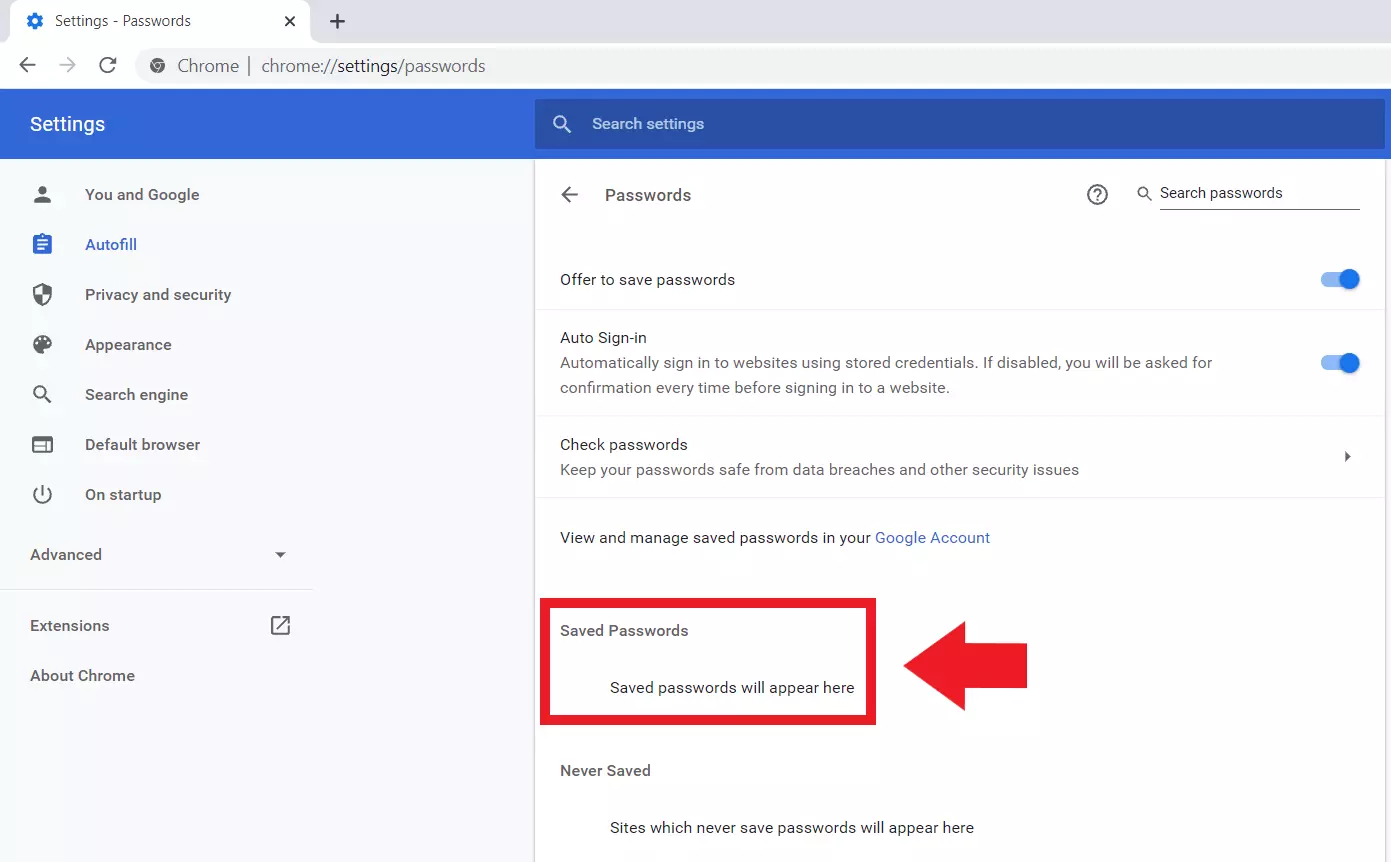 Google Chrome: ‘Passwords’ menu, ‘Saved Passwords’ entry