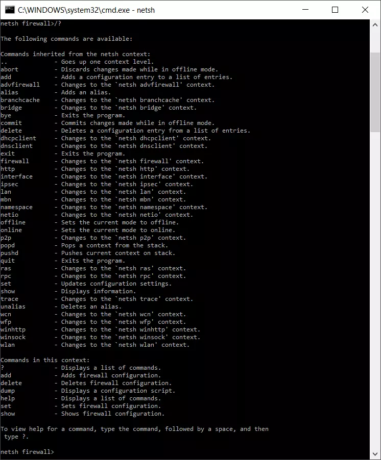 Commands in the “firewall” Netsh context