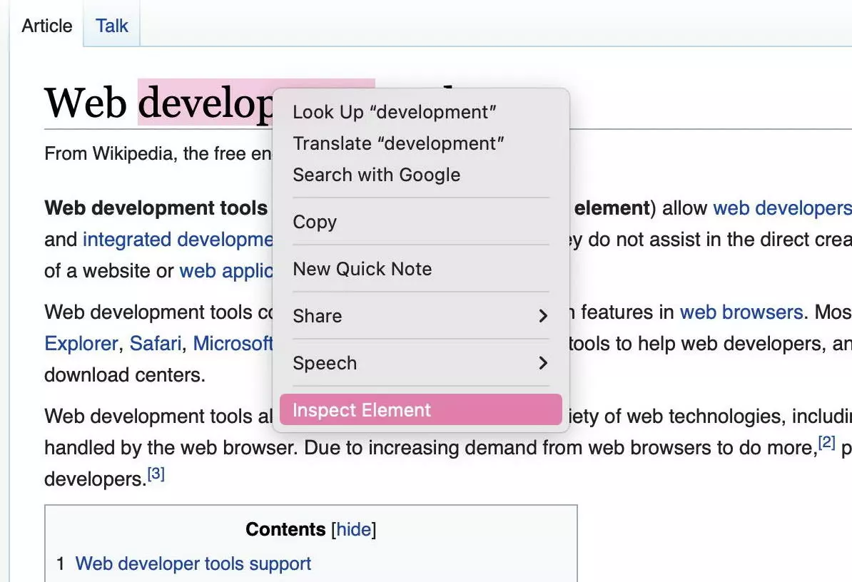 Context menu with ‘inspect element’ in Safari