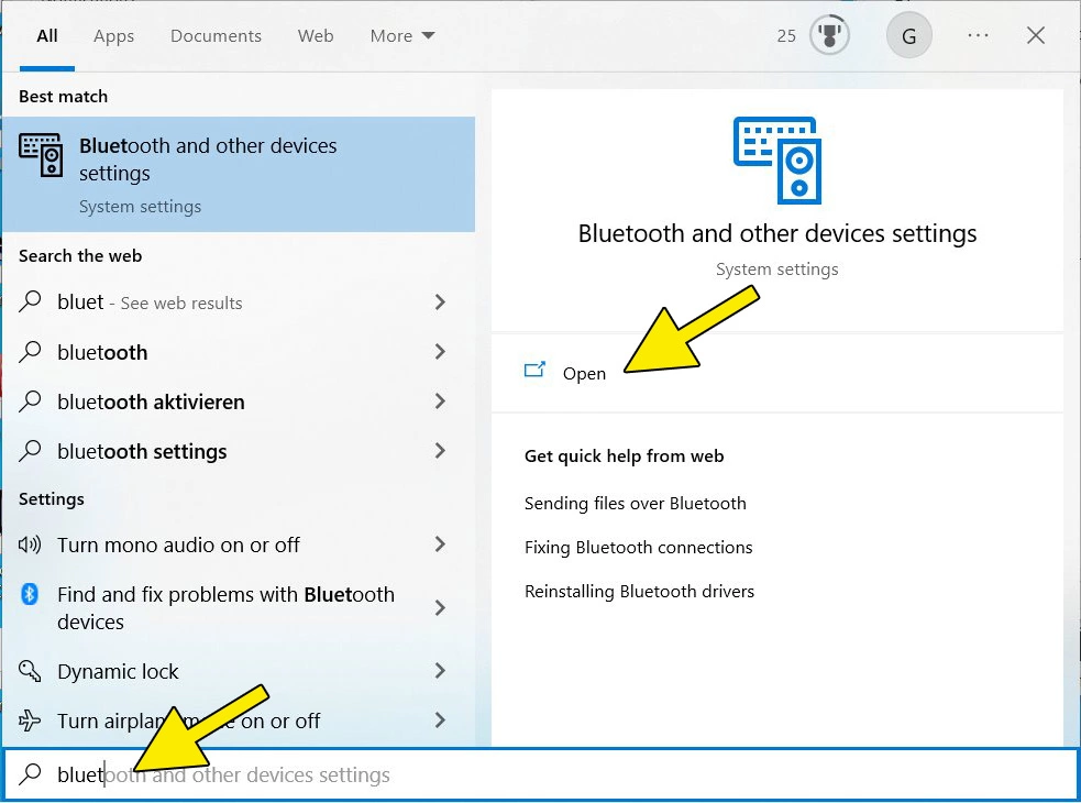 Screenshot Windows 10: Search bar and search result ‘Bluetooth and other device settings’