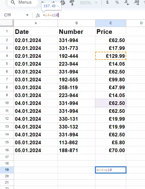 Screenshot of the formula for subtraction in Google Sheets