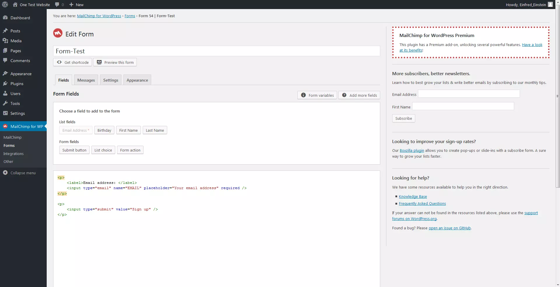 Display when creating a registration form with the plugin