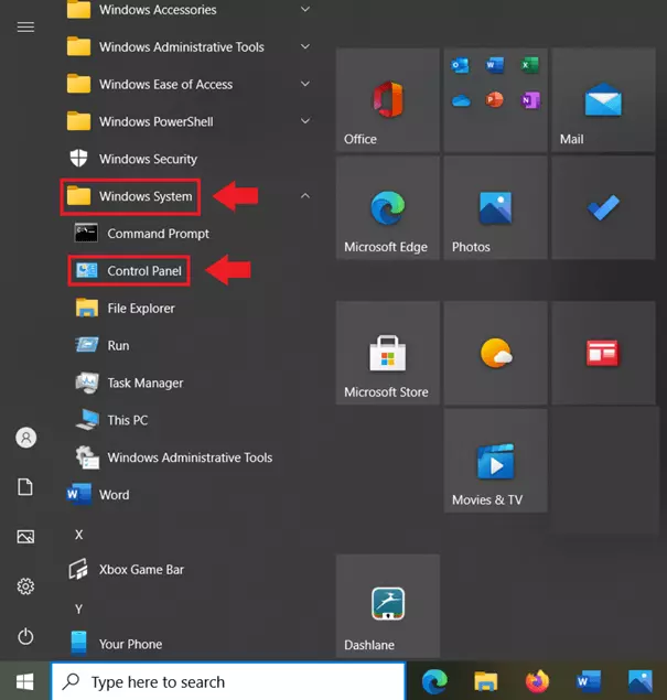 Go to ‘Windows System’ and ‘Control Panel’ at the bottom of the Windows Start menu