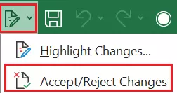 Excel menu option ‘Accept/Reject Changes’