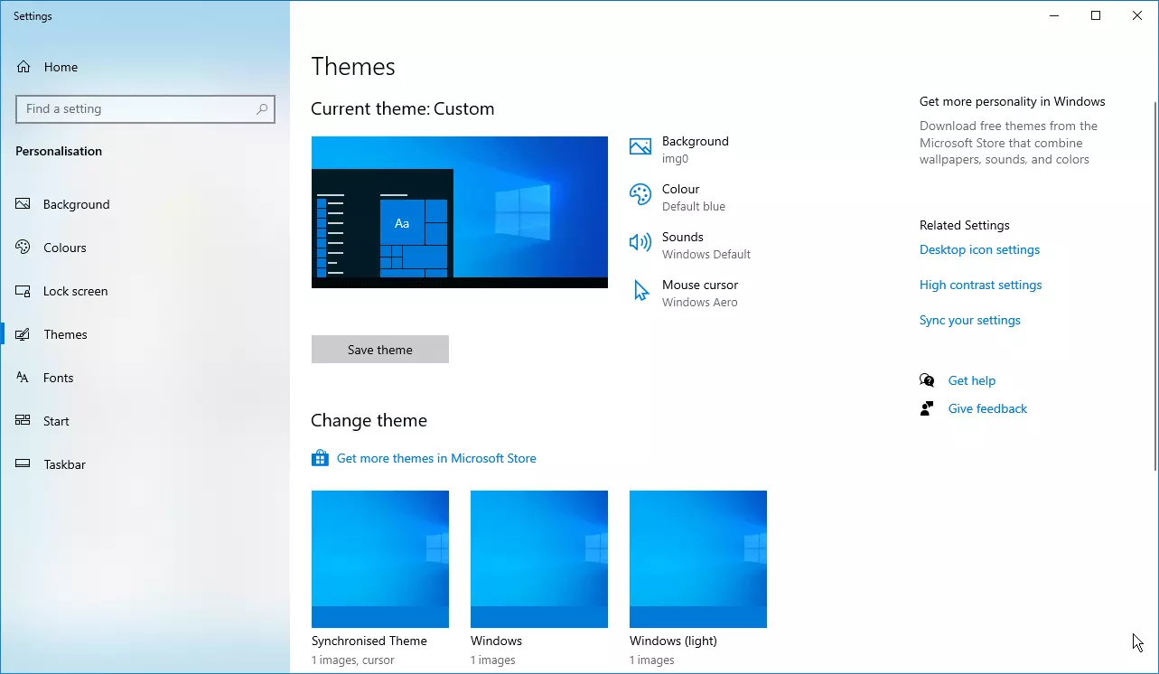 Windows 10 Settings: Personalisation / Themes